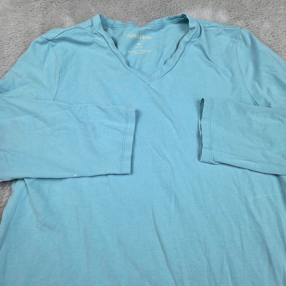 Pendleton V-Neck 3/4 Sleeve T-Shirt Womens M Stretch Cotton Turquoise Blue Top